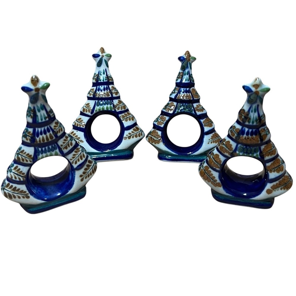 Erandi Tonala Mexican Pottery Christmas Tree Napkin Rings Set of 4 Hand Painted